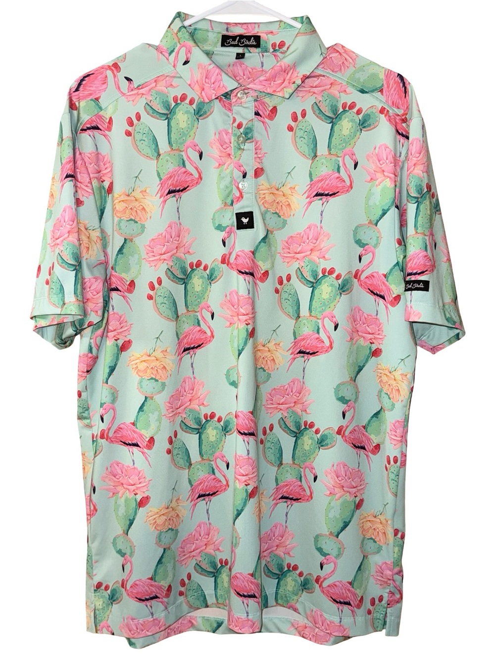 Bad Birdie "Prickly Pear" Flamingo Cactus Golf Polo Shirt Mens Size Large